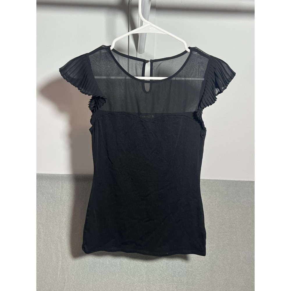 EXPRESS Women's Black Sheer Yoke‎ Pleated Cap Sleeve Blouse Top Size XS